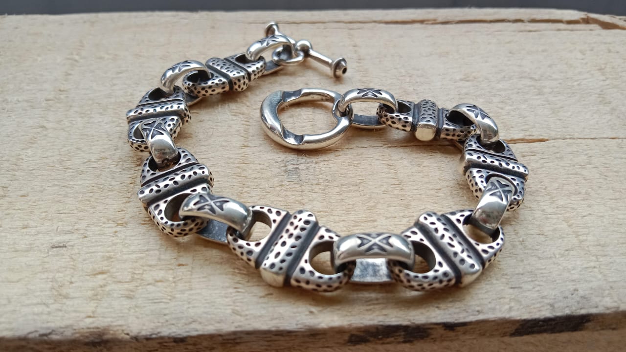 Artisan Patterned Link Silver Bracelet for Men - 92.5 Sterling Silver