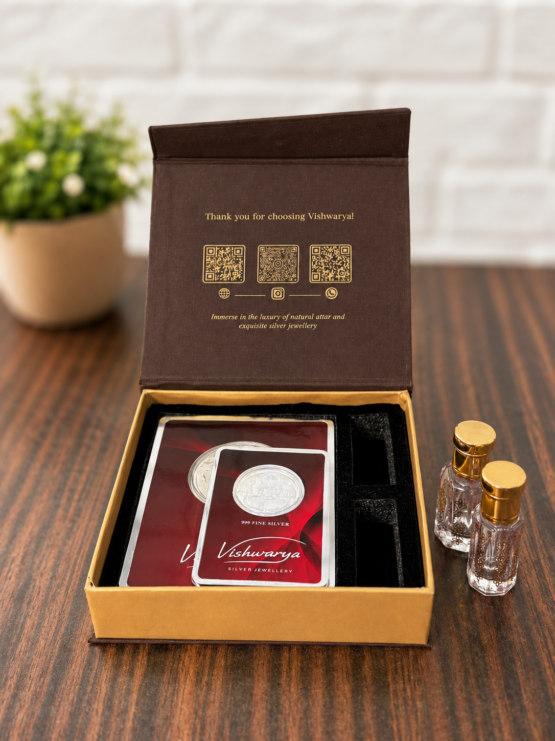 Shagun gift box | 2 Gram + 1 Gram 999 Fine Silver Coin Gift Set with 2 Premium 6ml Attars – Luxury Festive Gift Box