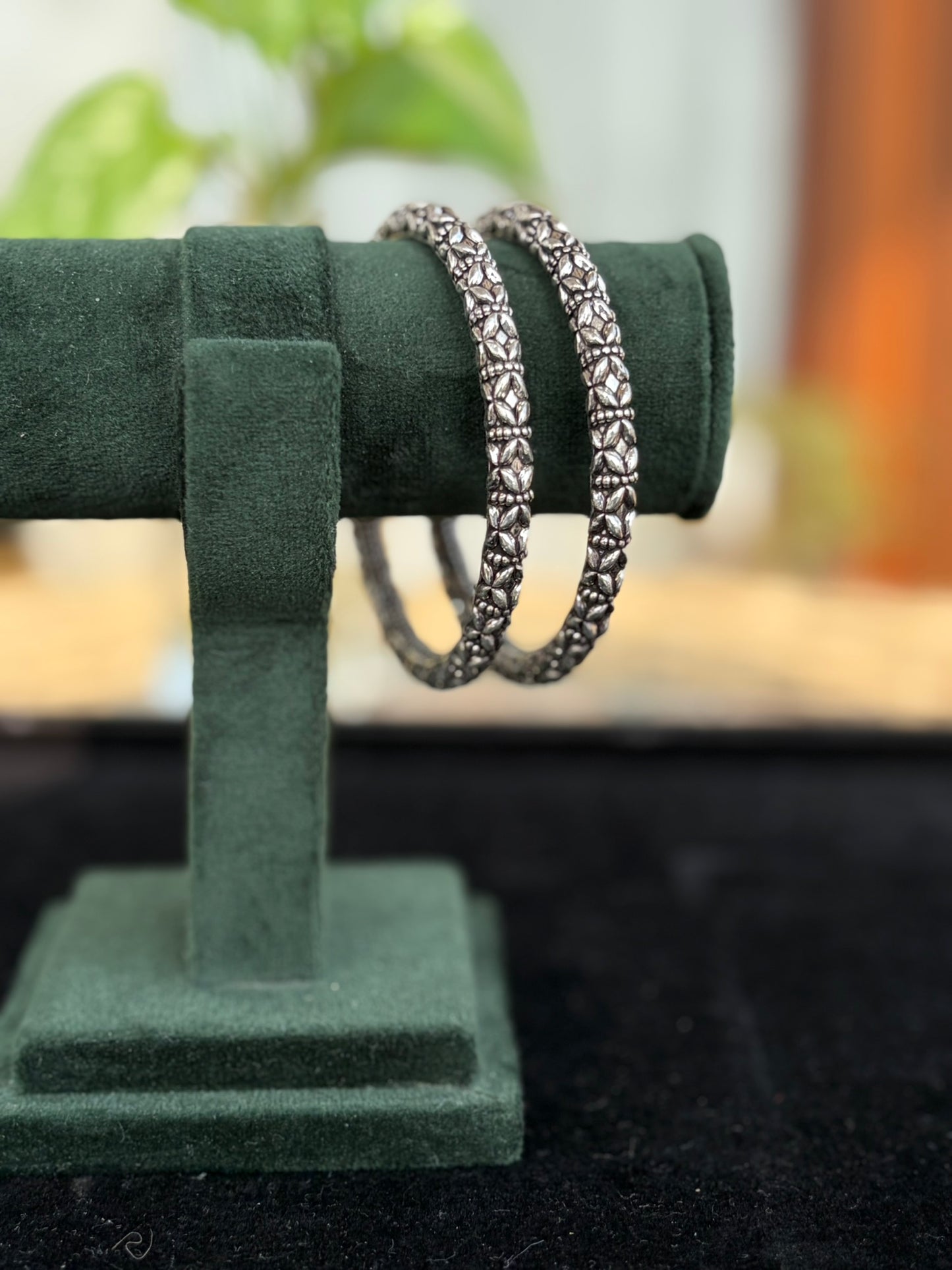 Silver Oxidised Floral Carved Textured Bangles, Kada Set