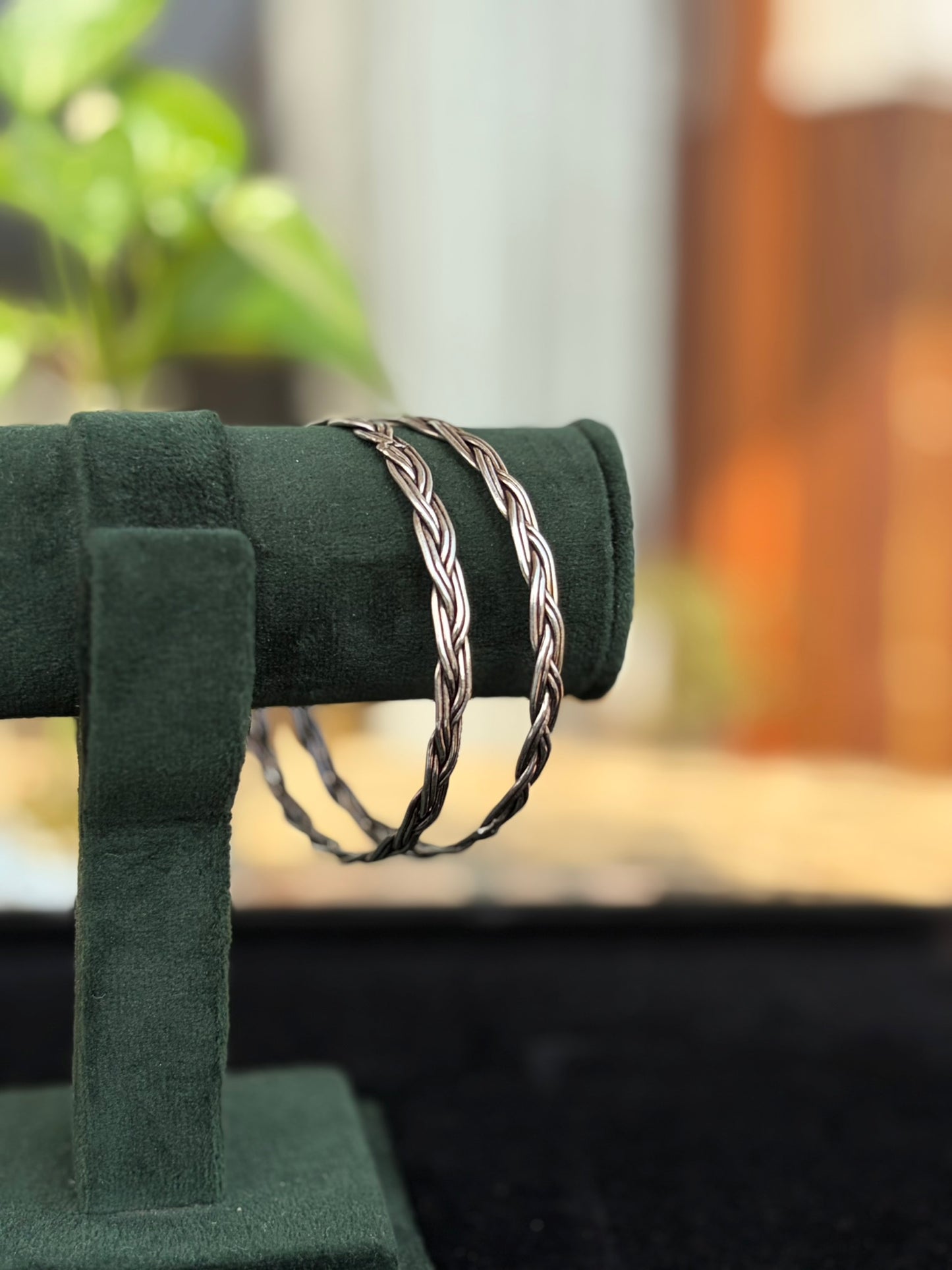 Silver Oxidised Braided Twisted Rope Bangles, Kada Set