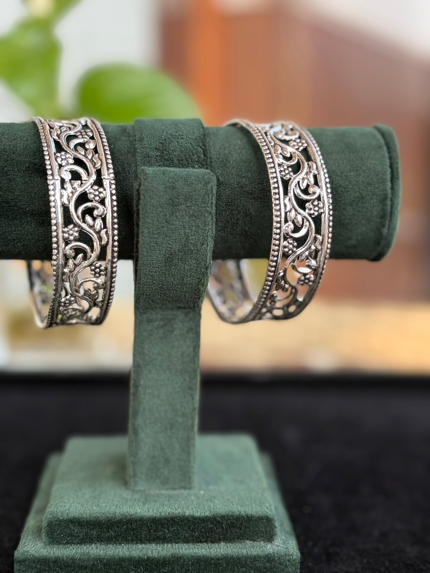 Silver Oxidised Floral Cutwork Vine Design Bangles, Kada Set