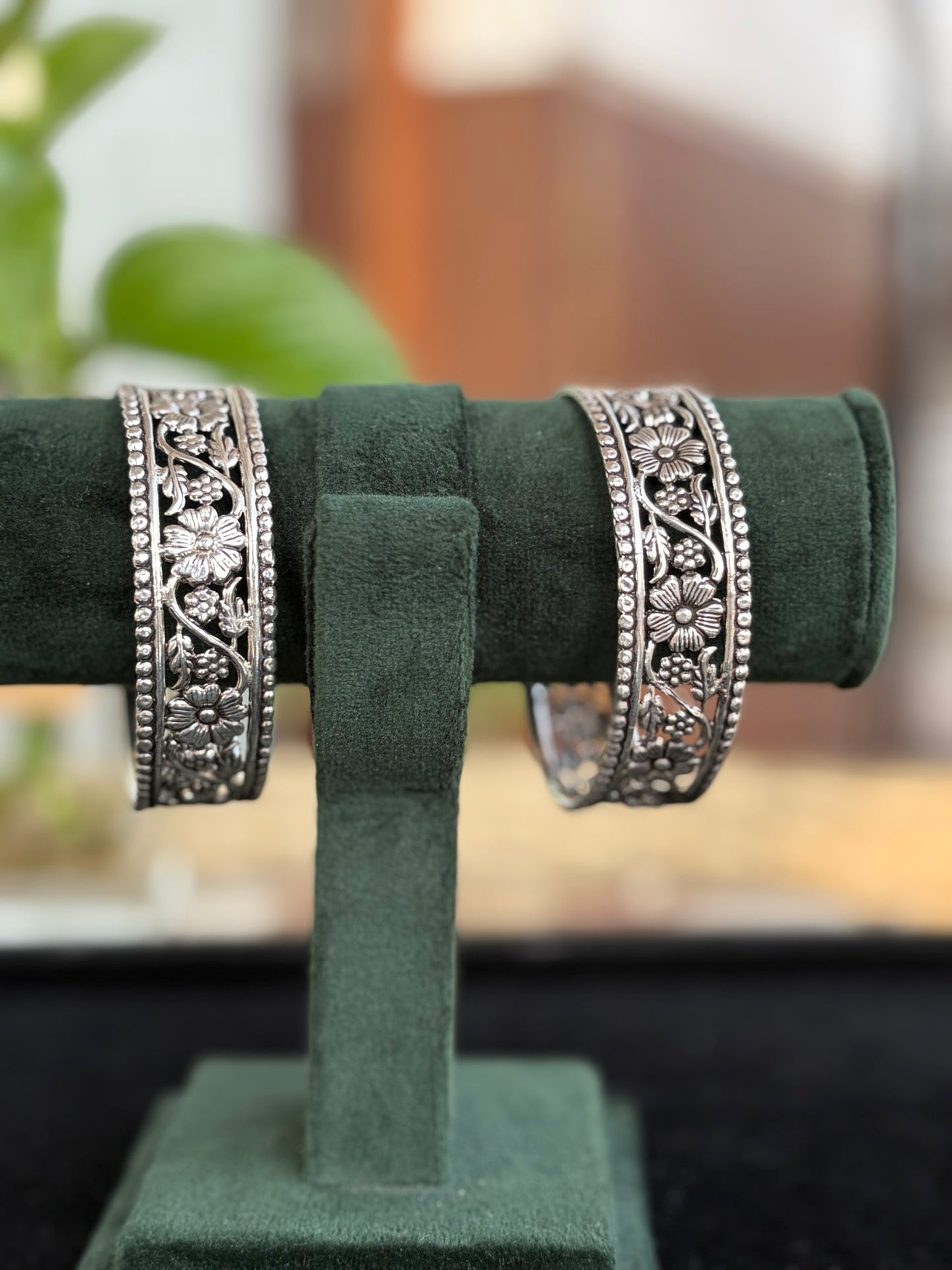 Silver Oxidised Floral Cutwork Design Bangles, Kada Set