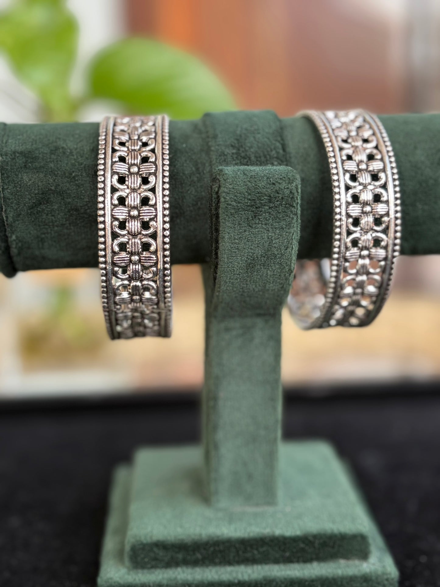 Silver Oxidized Floral Cutwork Grid Design Bangles, Kada Set