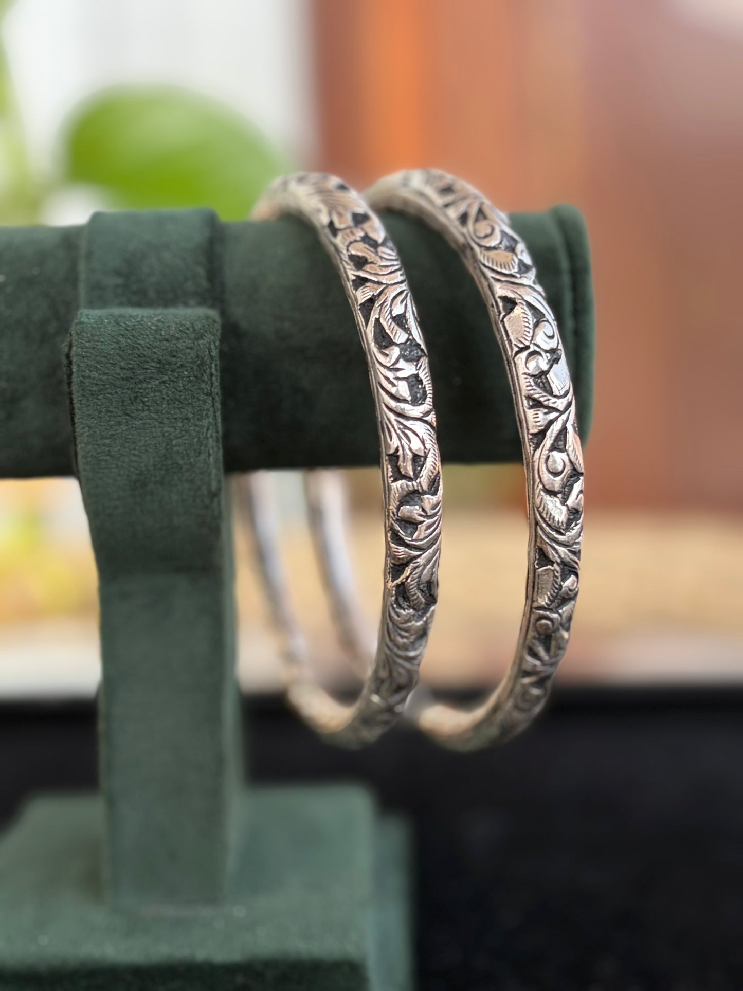 Silver Oxidized Engraved Classic Bangles, Kada Set