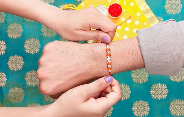 Silver Sacred Rudraksha Rakhi with Red Thread