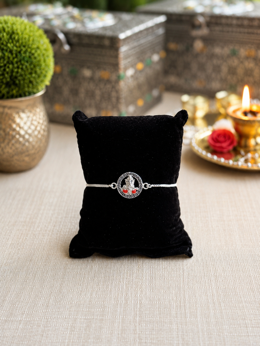 925 Silver Auspicious Ganesha ( ᬒᬁ ) Bracelet Rakhi with Pink Enamel and adjustable Silver chain