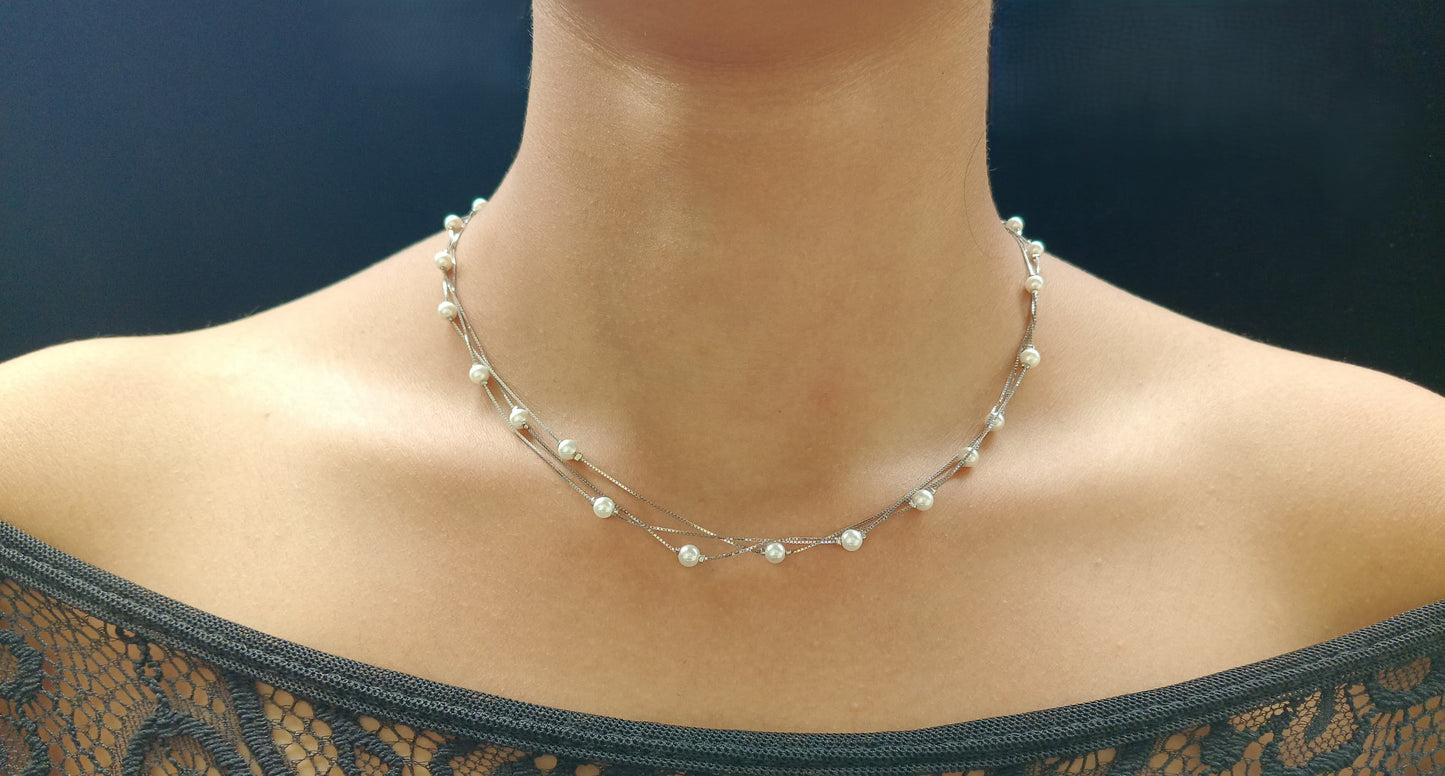 Triple-Layered Pearl Necklace in 92.5 Rhodium-Plated Silver