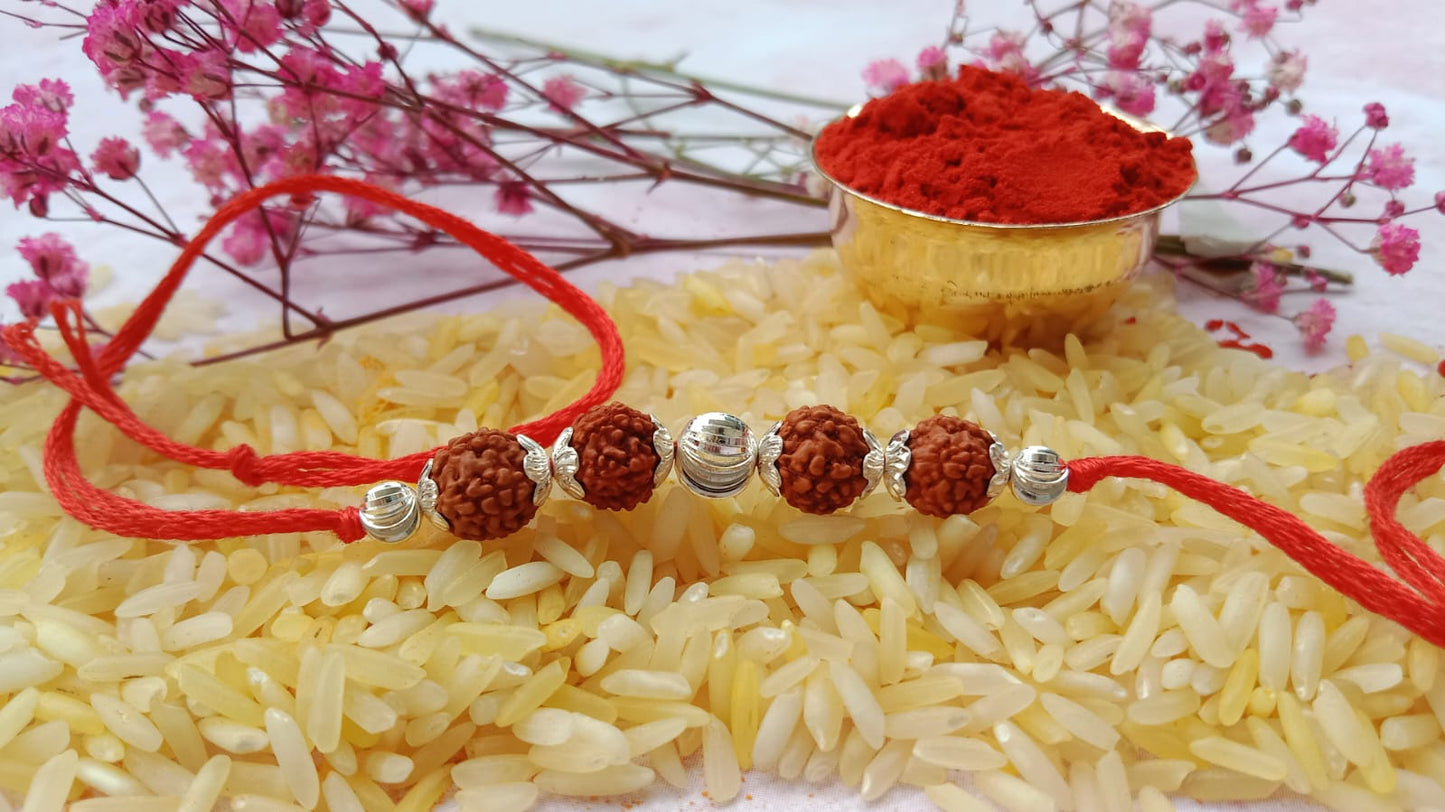 Silver Sacred Rudraksha Rakhi with Red Thread