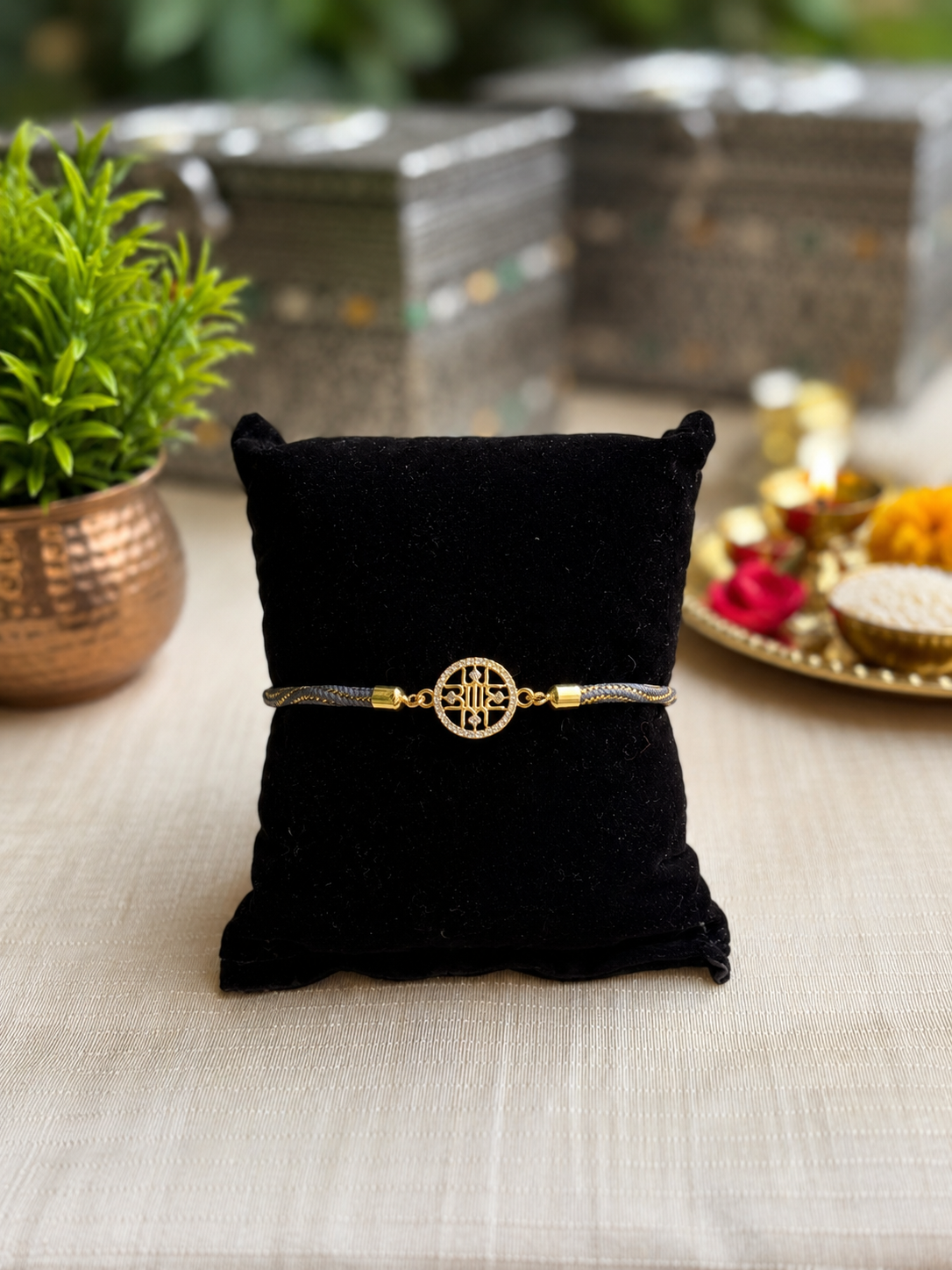925 Silver Auspicious Shree Yantra Symbol ( श्री ) Rakhi for Brother with Stylish Brown Braided Adjustable Slider Cord
