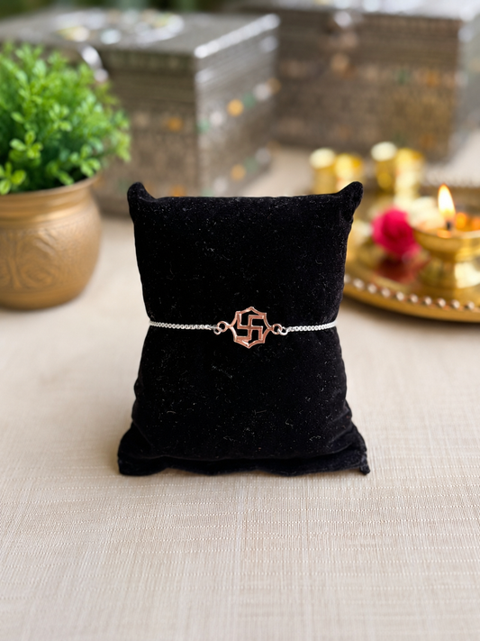 925 Silver Auspicious Swastik (卐) Bracelet Rakhi For Brother With Adjustable Silver Chain