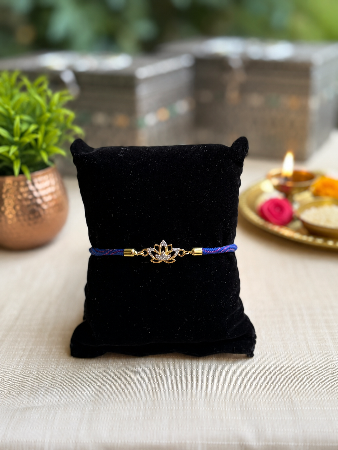 925 Silver Auspicious Lotus Rakhi with Braided Adjustable Slider Cord