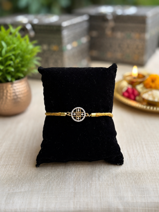 925 Silver Auspicious Shree Yantra Symbol ( श्री ) Rakhi for Brother with Stylish Yellow Braided Adjustable Slider Cord