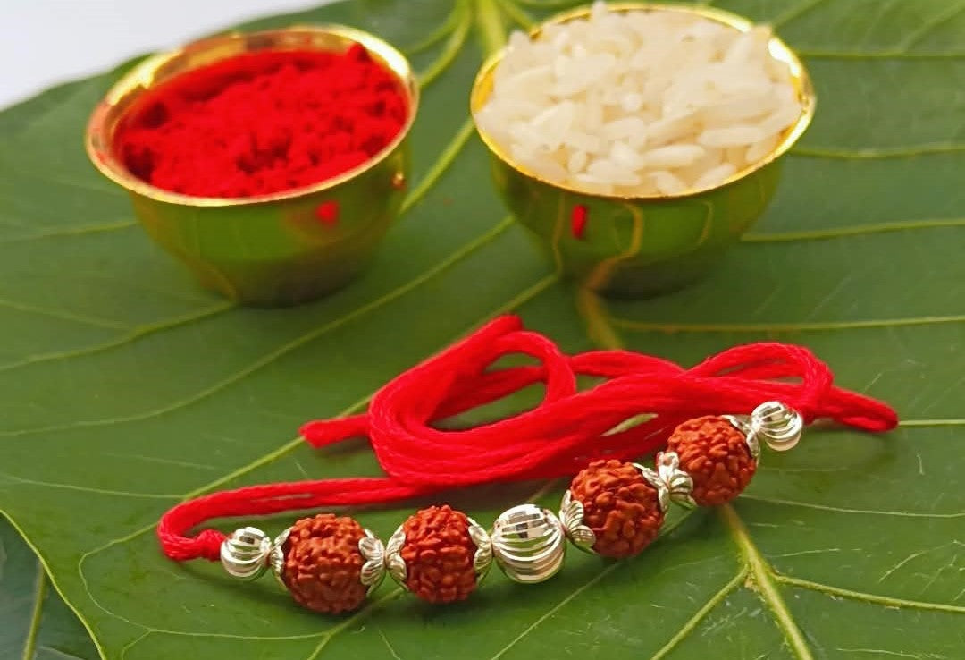 Silver Sacred Rudraksha Rakhi with Red Thread