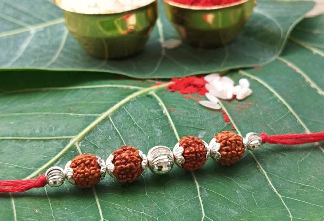 Silver Sacred Rudraksha Rakhi with Red Thread
