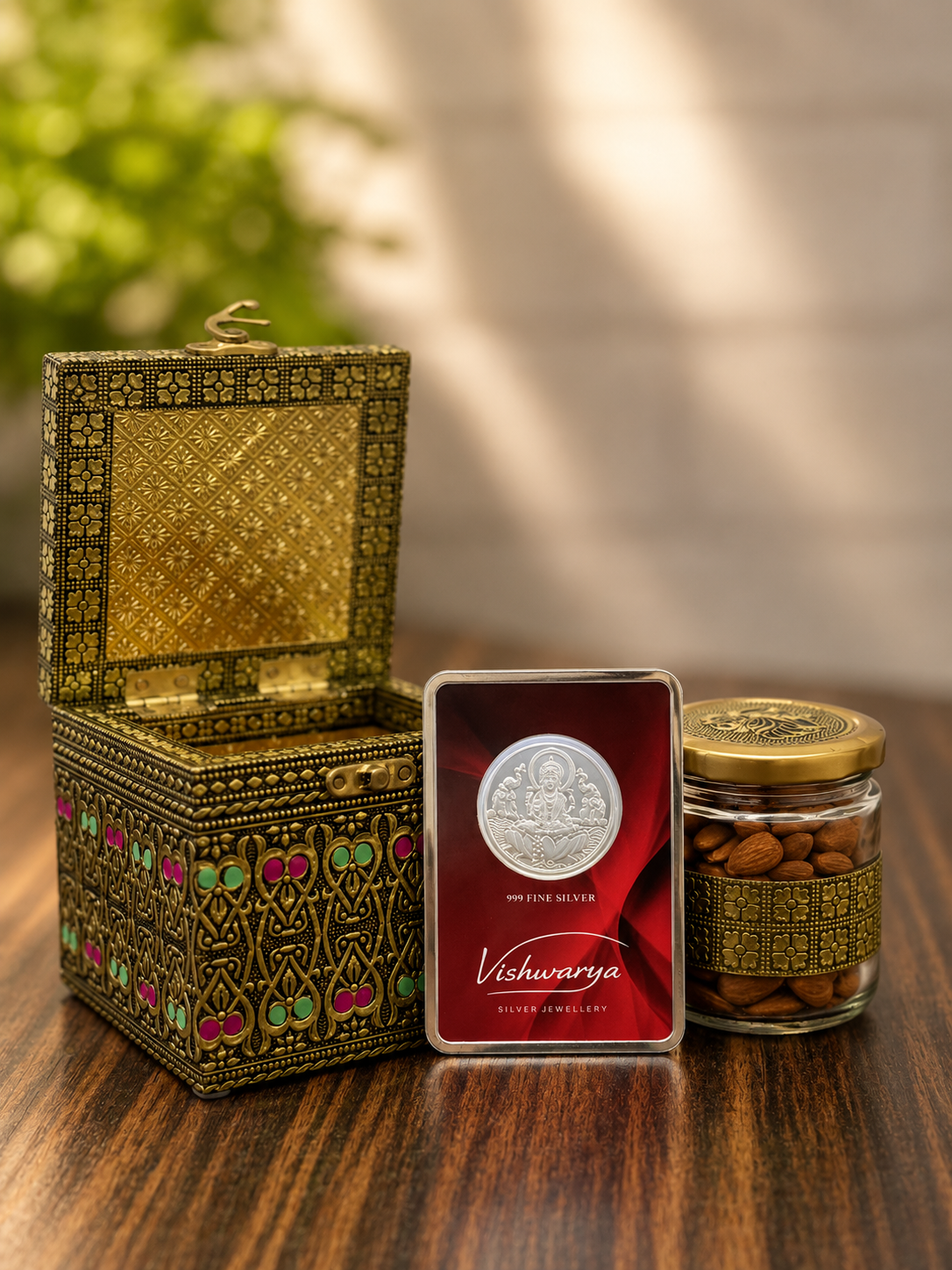 Shagun Gift Box | 1 Gram 999 Fine Silver Coin & 1 Premium Dry Fruit Gift Box | Luxury Silver Gift Hamper