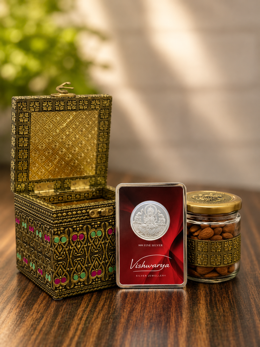 Shagun Gift Box | 1 Gram 999 Fine Silver Coin & 1 Premium Dry Fruit Gift Box | Luxury Silver Gift Hamper