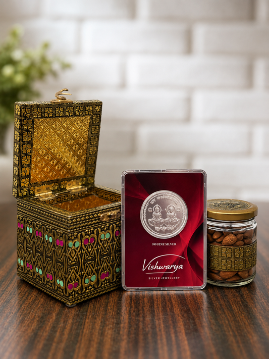 Shagun Gift Box | 2 Gram 999 Fine Silver Coin & 1 Premium Dry Fruit Gift Box | Luxury Silver Gift Hamper