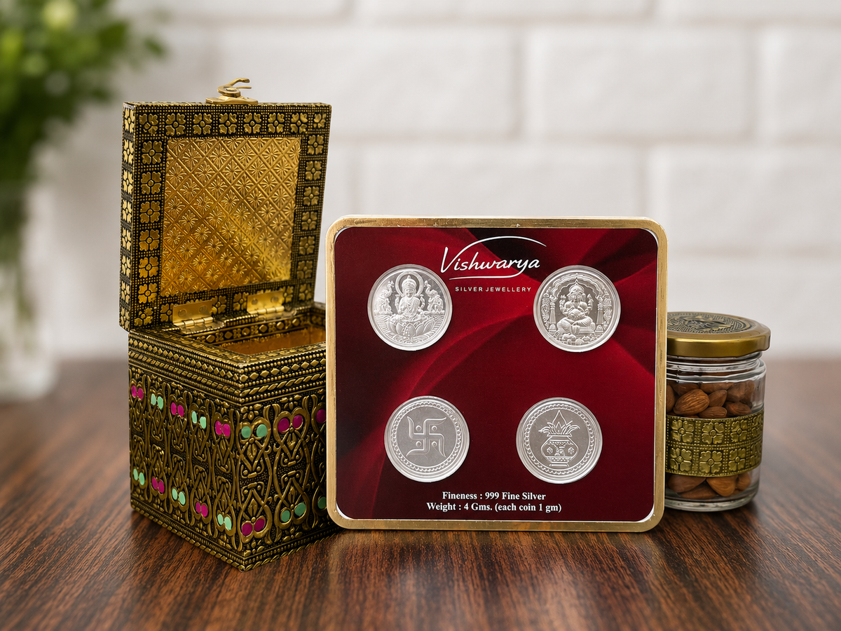 Shagun Gift Box | 999 Fine Silver 4 Coin set of 1 Gram each & 1 Premium Dry Fruit Gift Box | Luxury Silver Gift Hamper