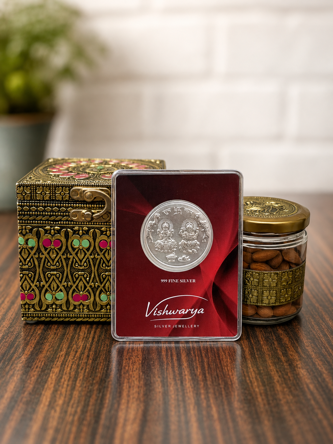 Shagun Gift Box | 2 Gram 999 Fine Silver Coin & 1 Premium Dry Fruit Gift Box | Luxury Silver Gift Hamper