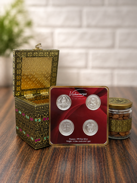 Shagun Gift Box | 999 Fine Silver 4 Coin set of 1 Gram each & 1 Premium Dry Fruit Gift Box | Luxury Silver Gift Hamper