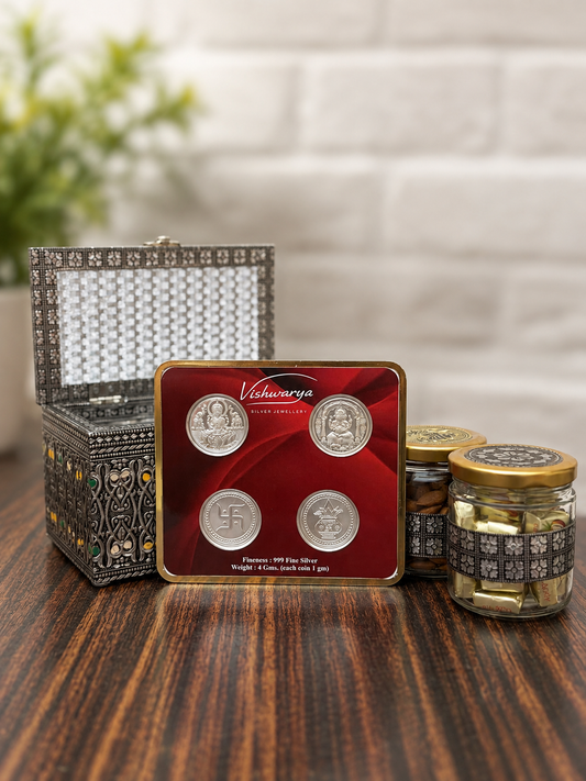 Shagun Gift Box | 999 Fine Silver 4 Coin set of 1 Gram each & 2 Premium Dry Fruit Gift Box | Luxury Silver Gift Hamper