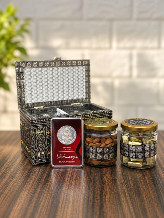 Shagun Gift Box |  1 Gram 999 Fine Silver Coin & 2 Premium Dry Fruit Gift Box | Luxury Silver Gift Hamper