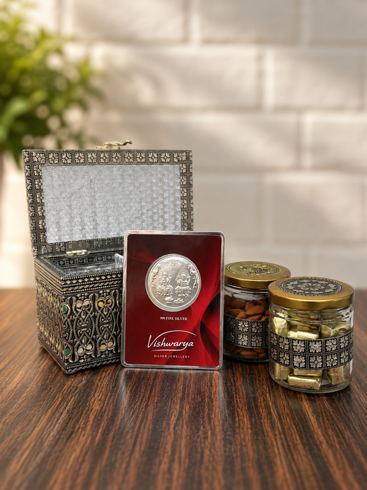 Shagun Gift Box | 2 Gram 999 Fine Silver Coin & 2 Premium Dry Fruit Gift Box | Luxury Silver Gift Hamper