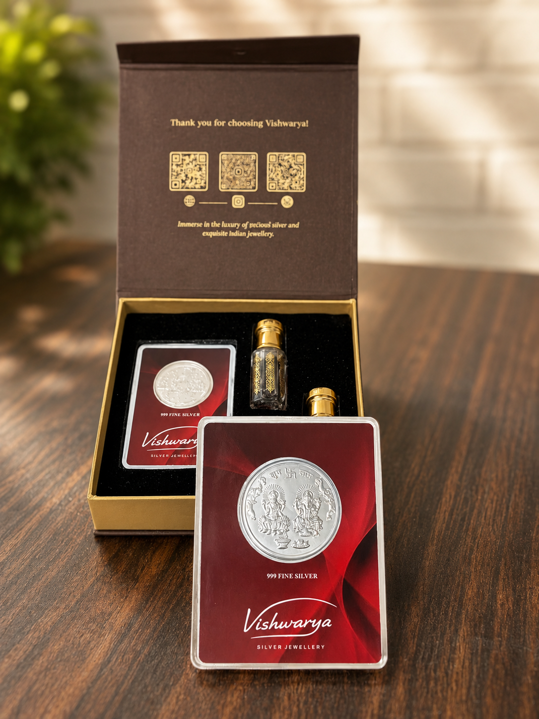 Shagun gift box | 1 Gram + 2 Gram 999 Fine Silver Coin Gift Set with 2 Premium 6ml Attars – Luxury Festive Gift Box