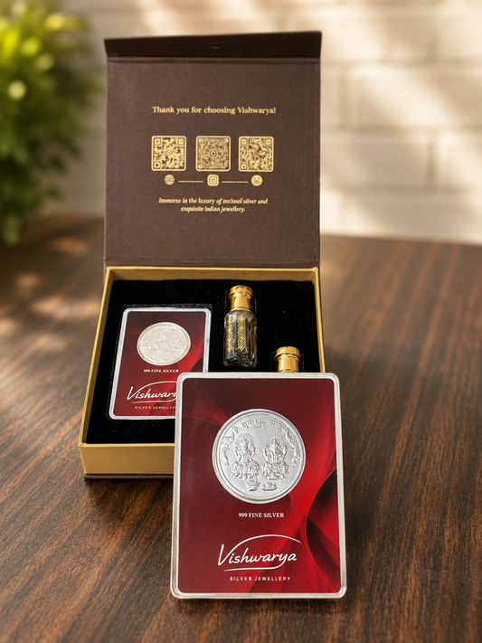 Shagun gift box | 1 Gram + 2 Gram 999 Fine Silver Coin Gift Set with 2 Premium 6ml Attars – Luxury Festive Gift Box
