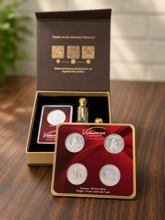Shagun gift box | 1 Gram + 4 Coin set 1 Gram each |  999 Fine Silver Coin Gift Set with 2 Premium 6ml Attars – Luxury Festive Gift Box