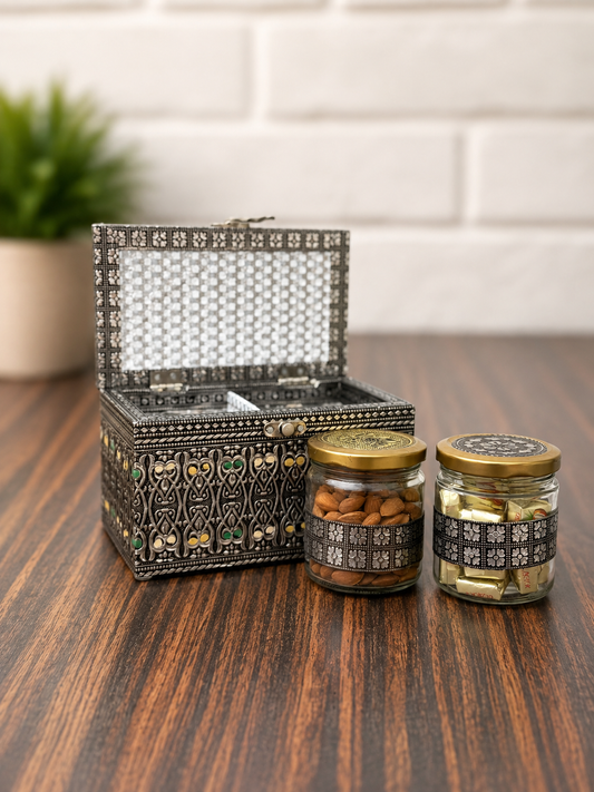 Premium 2-Jar Gift Box | Dry Fruits & Chocolates | Elegant Decorative Festive Gift Hamper