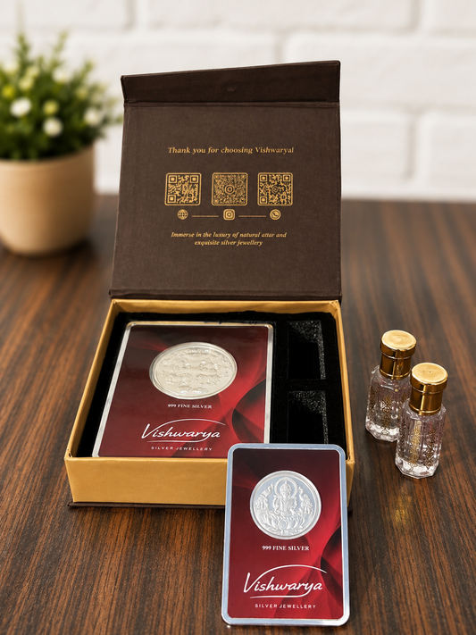 Shagun gift box | 2 Gram + 1 Gram 999 Fine Silver Coin Gift Set with 2 Premium 6ml Attars – Luxury Festive Gift Box