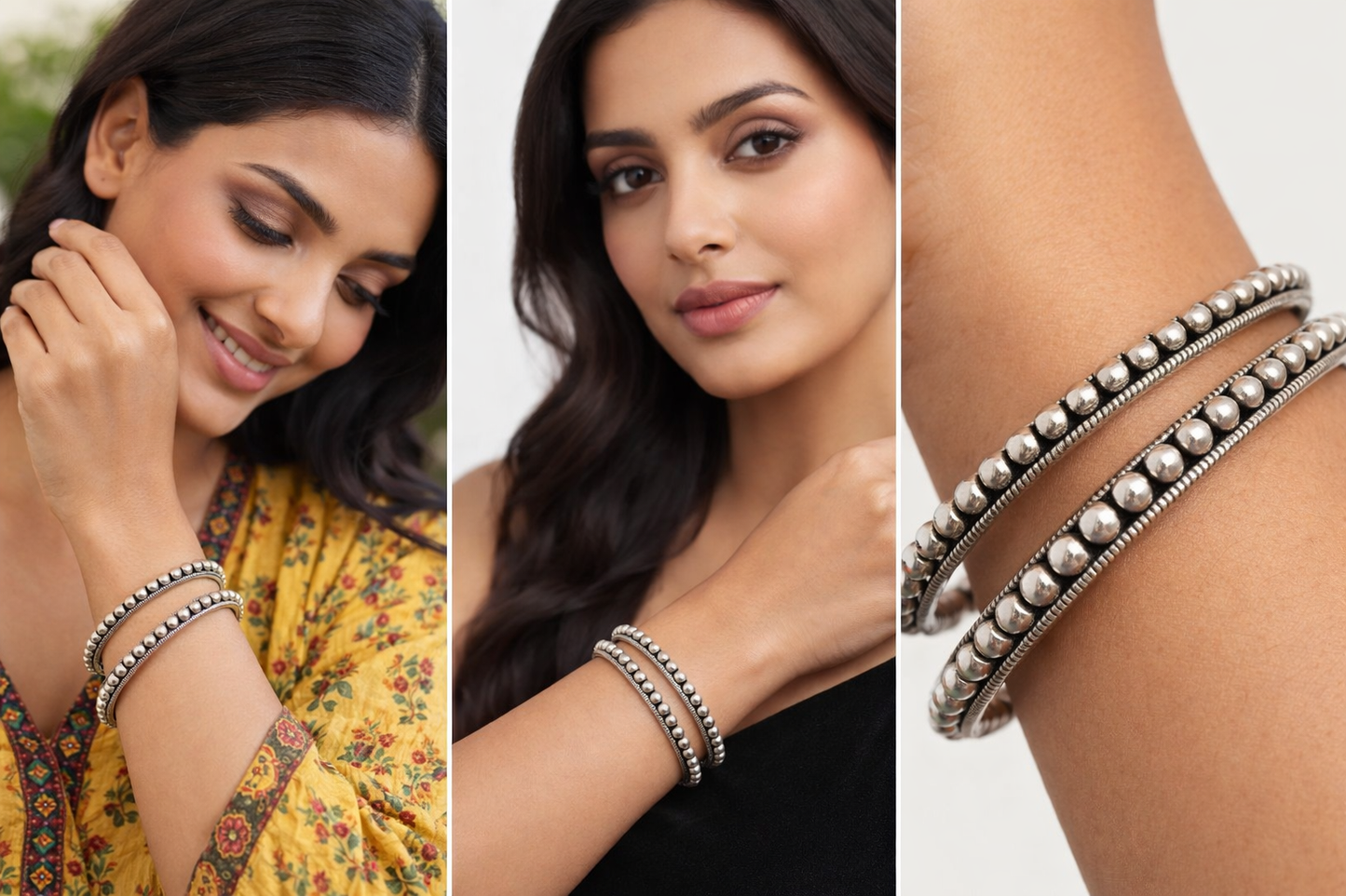 Silver Oxidised Beaded Bangles, Elegant Designed Kada Set