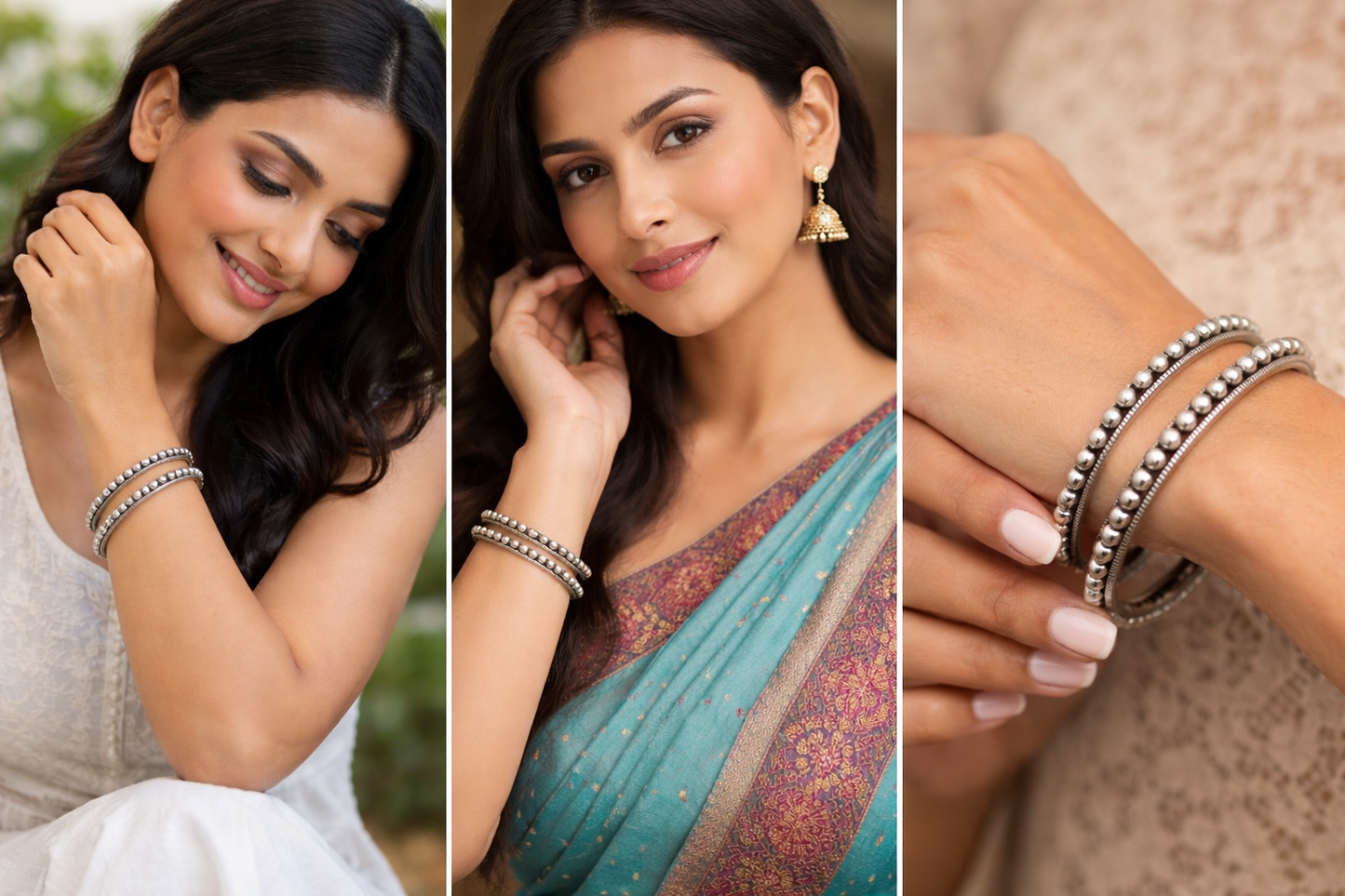 Silver Oxidised Beaded Bangles, Elegant Designed Kada Set