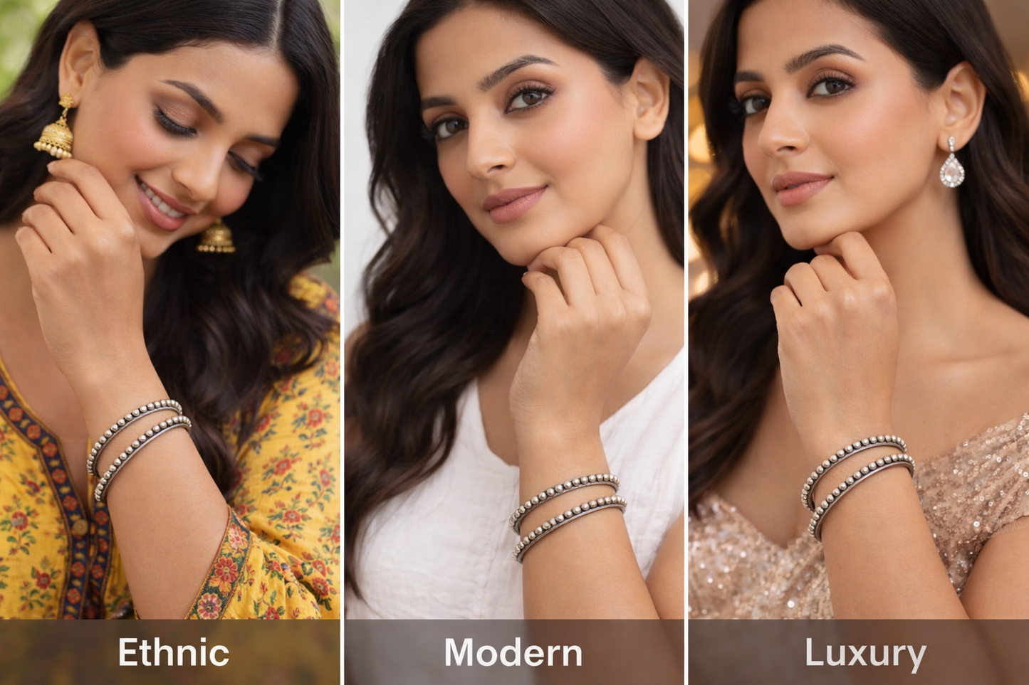 Silver Oxidised Beaded Bangles, Elegant Designed Kada Set