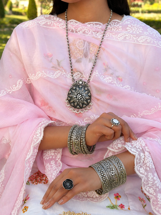 Silver Oxidised Floral Cutwork Design Kada Set