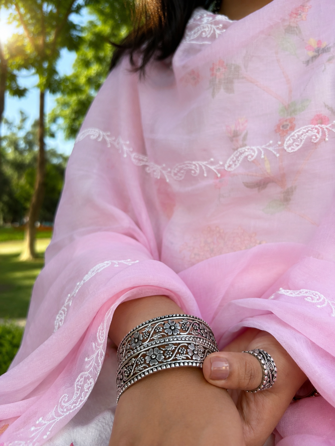 Silver Oxidised Floral Cutwork Design Kada Set