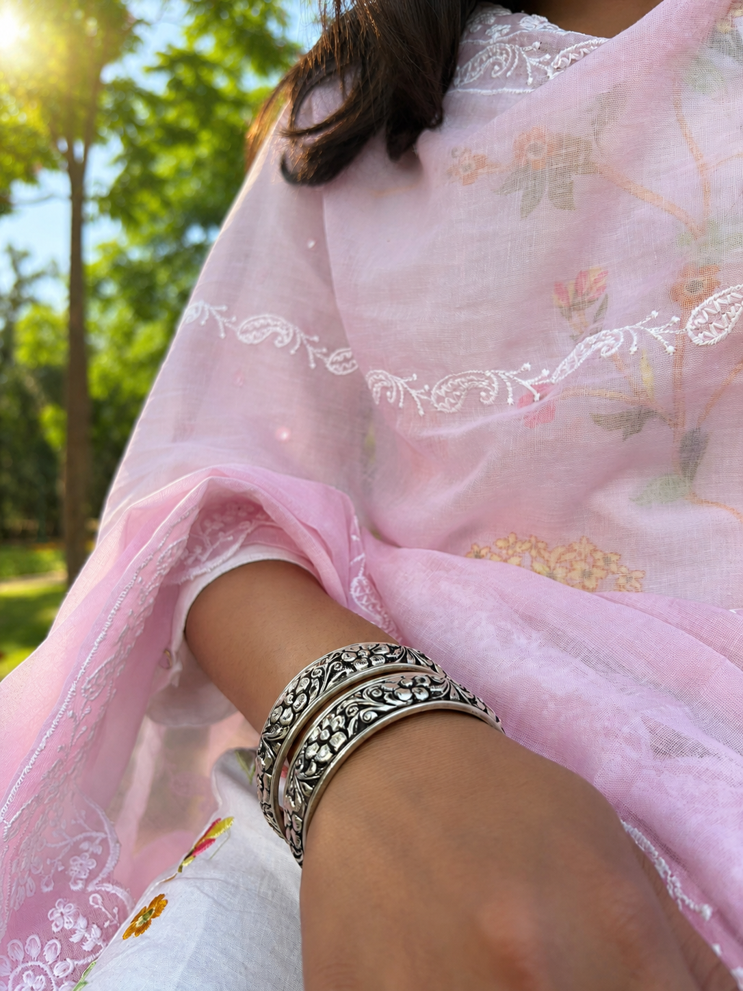 Silver Oxidised Floral Engraved Vintage Style Bangles, Kada Set