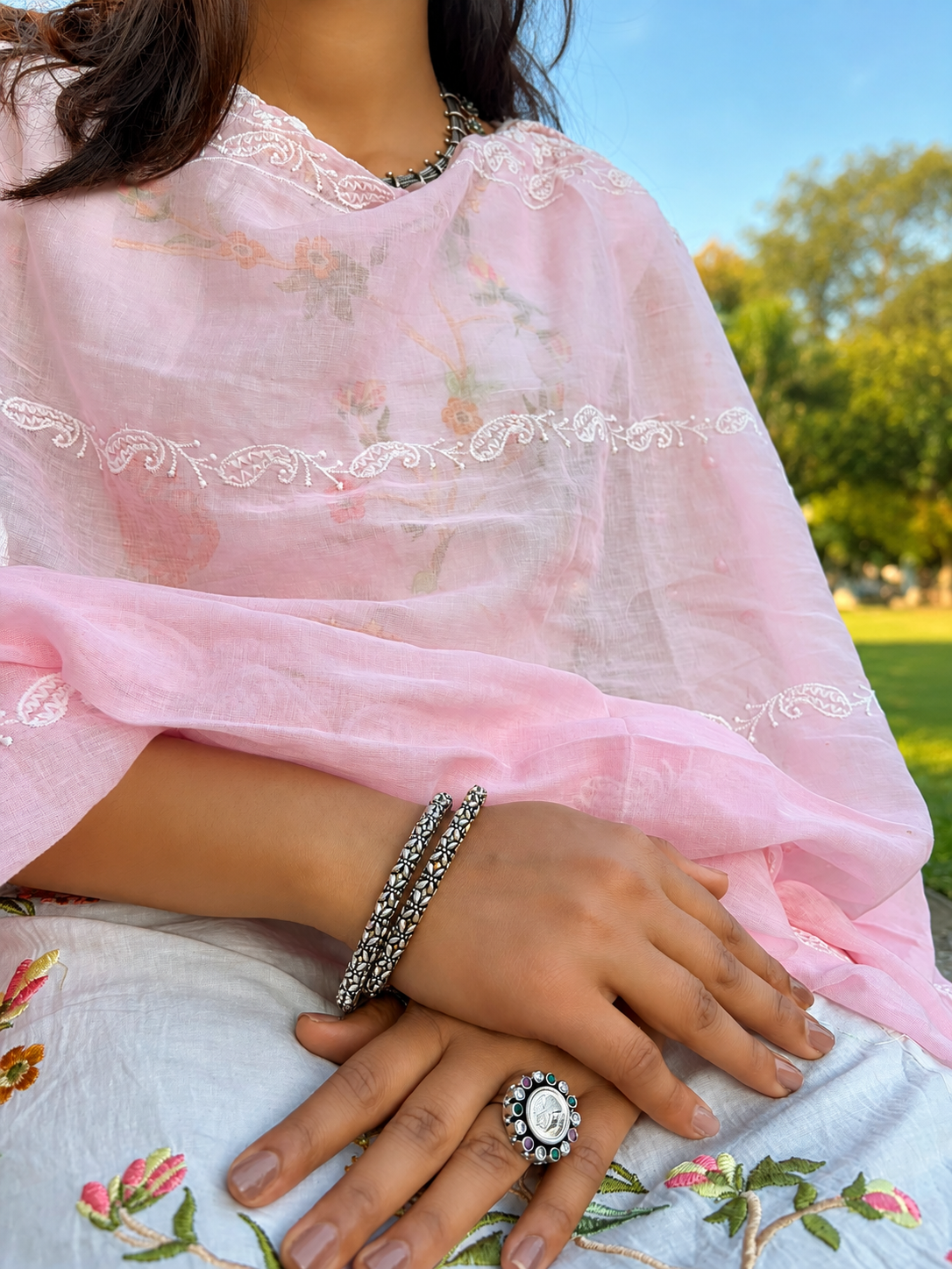 Silver Oxidised Floral Carved Textured Kada