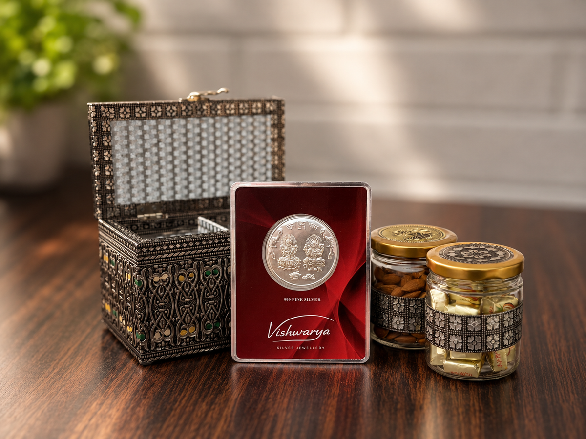 Shagun Gift Box | 2 Gram 999 Fine Silver Coin & 2 Premium Dry Fruit Gift Box | Luxury Silver Gift Hamper
