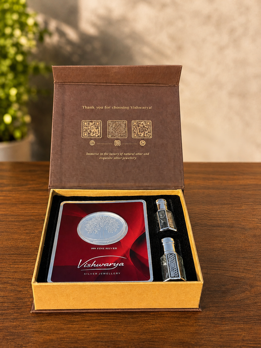 Shagun Gift box | 2 Gram 999 Fine Silver Coin Gift Set with 2 Premium 3ml Attars – Luxury Festive Gift Box