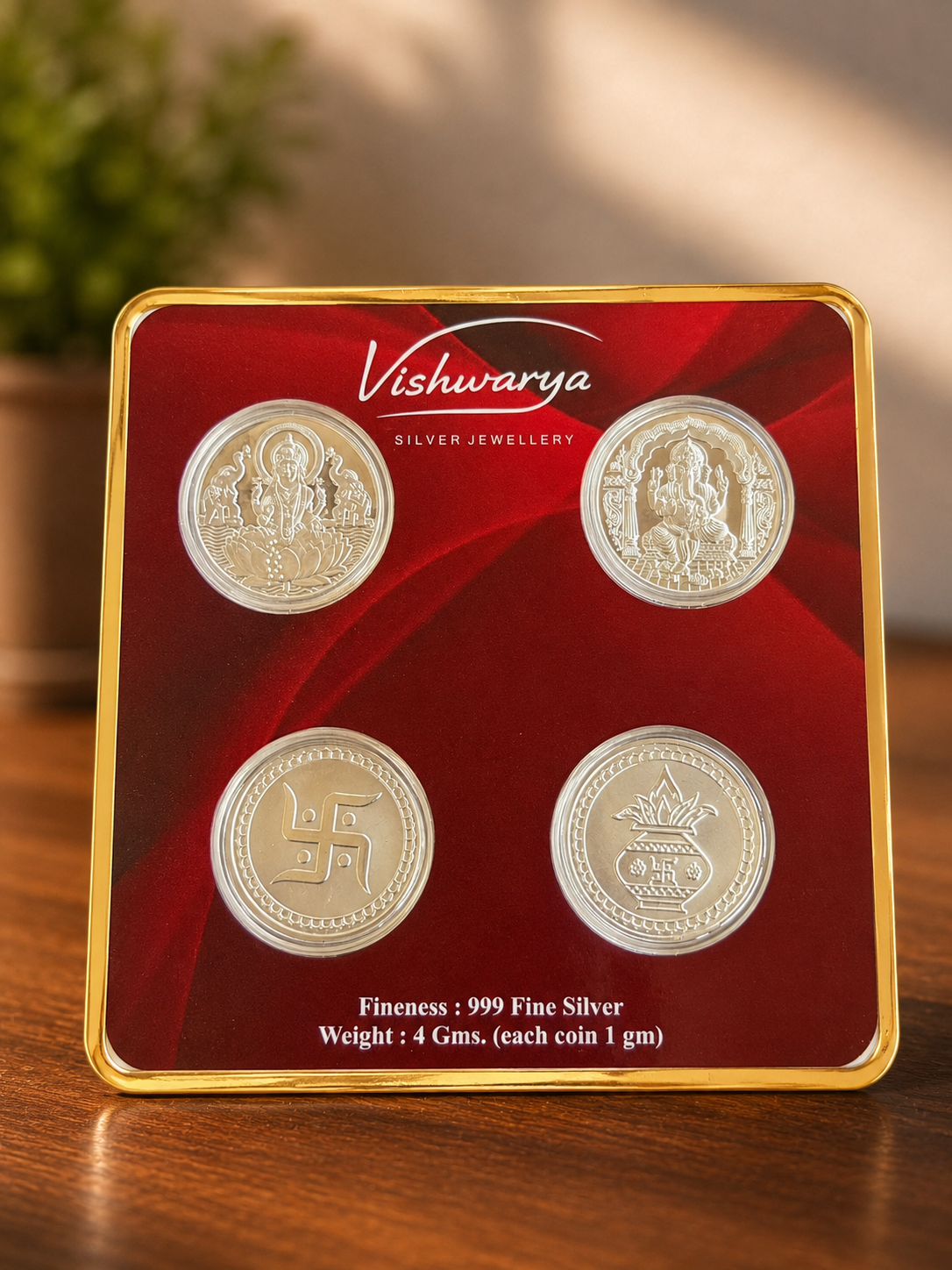 Shagun Coins | 999 Fine silver 4 Coins, Weighing 1 Gram each, Coin Set – Lakshmi, Ganesh, Swastik & Kalash