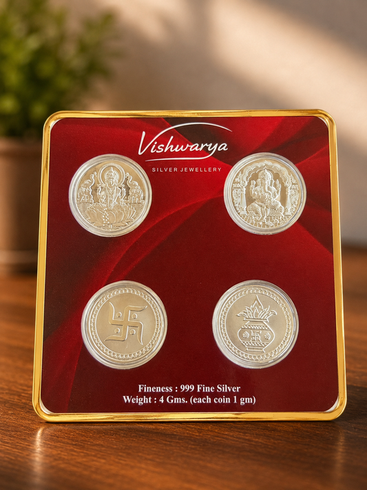 Shagun Coins | 999 Fine silver 4 Coins, Weighing 1 Gram each, Coin Set – Lakshmi, Ganesh, Swastik & Kalash