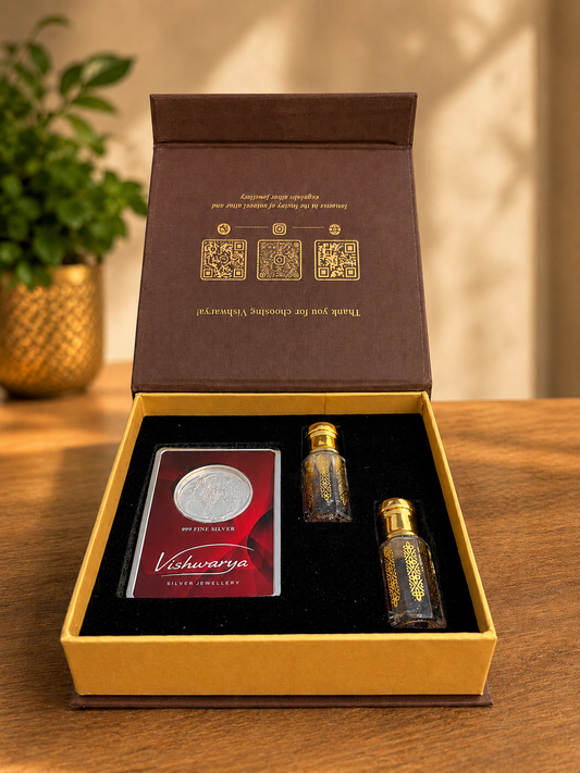 Shagun Gift Box | 1 Gram 999 Fine Silver Coin Gift Set with 2 Premium 6ml Attars – Luxury Festive Gift Box