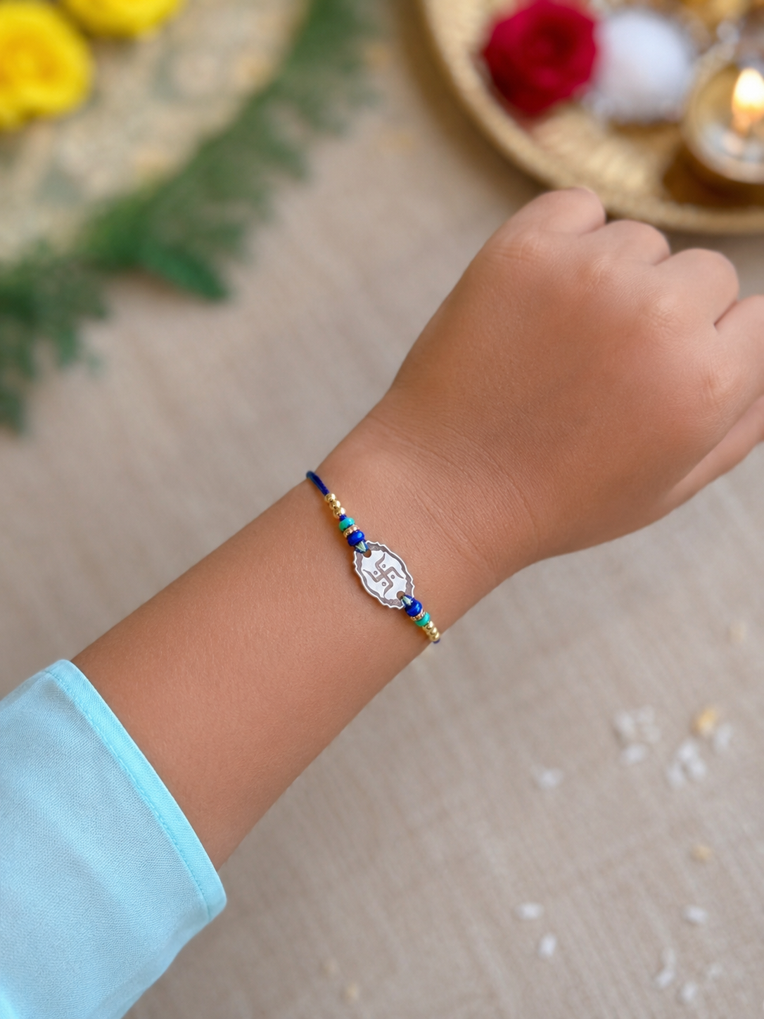 925 Silver Swastik (卐) Thread Rakhi for Kids with Multicolour Beads