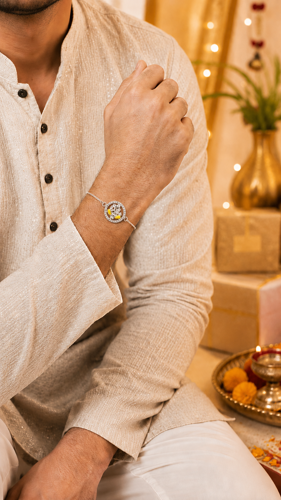 925 Silver Auspicious Ganesha ( ᬒᬁ ) Bracelet Rakhi with Yellow Enamel and adjustable Silver chain