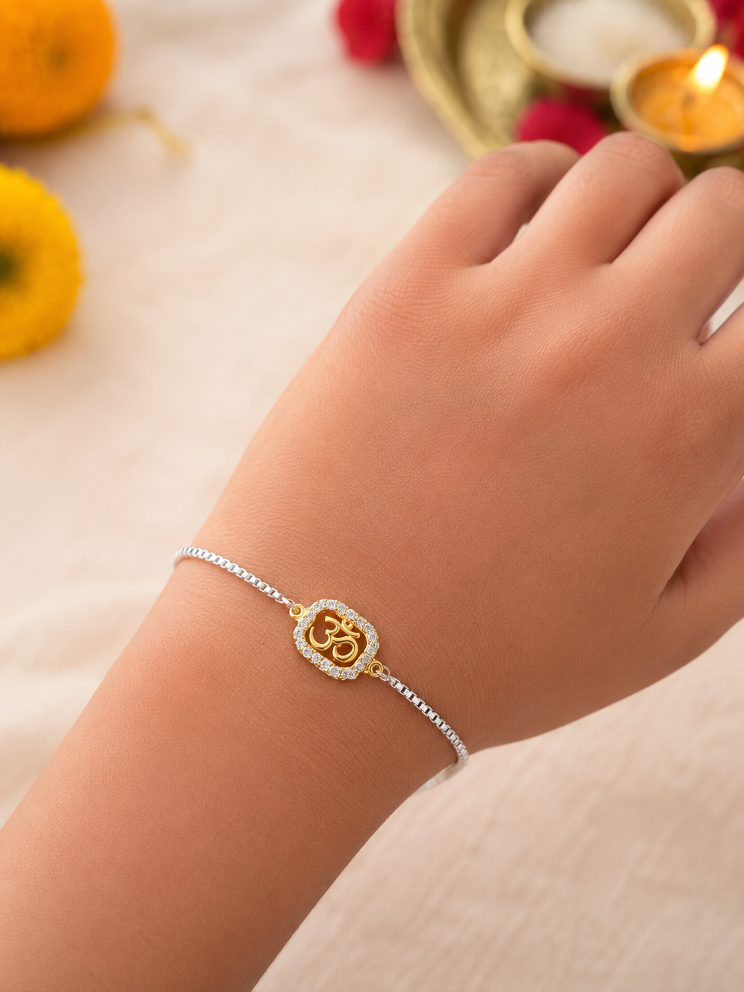 925 Silver Sacred Om Symbol (ॐ) Bracelet Rakhi for Brother with Adjustable Silver Chain