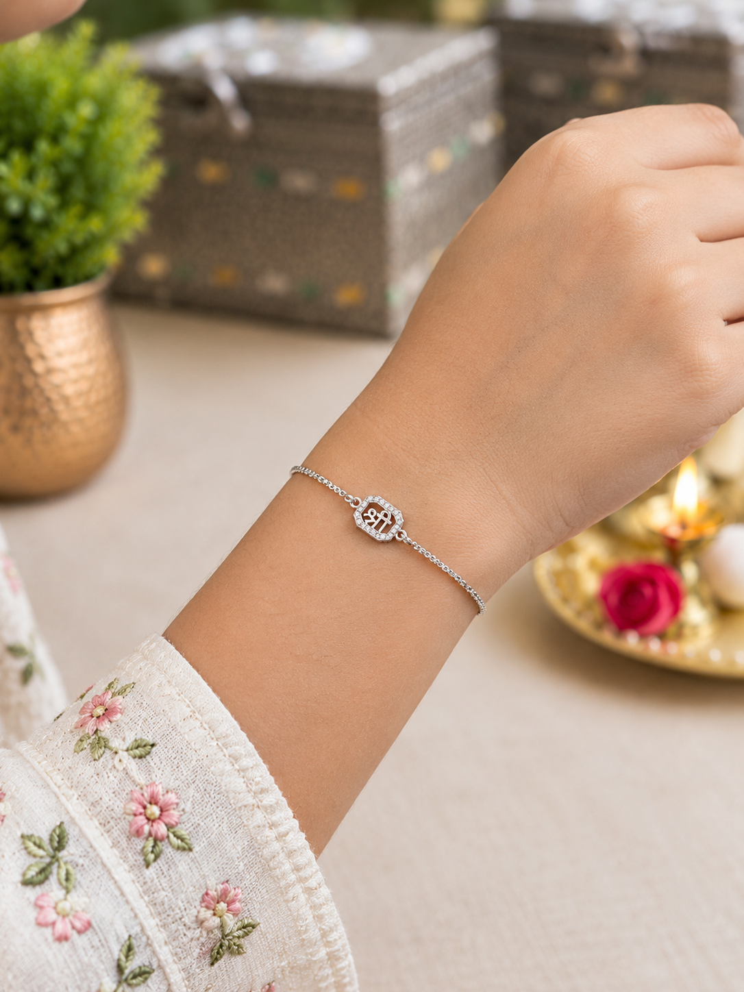 925 Silver Shree ( श्री ) Bracelet Rakhi for Brother with Adjustable Silver Chain