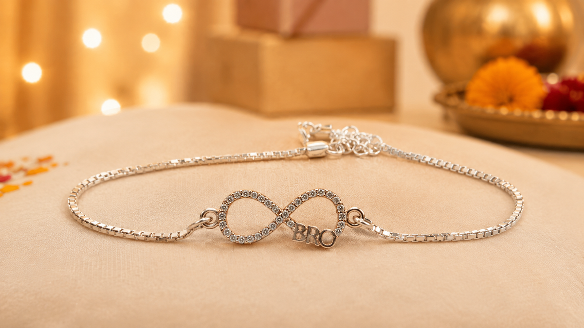 925 Silver Infinity "BRO" Bracelet Rakhi with adjustable Silver chain in Rose Gold Finish