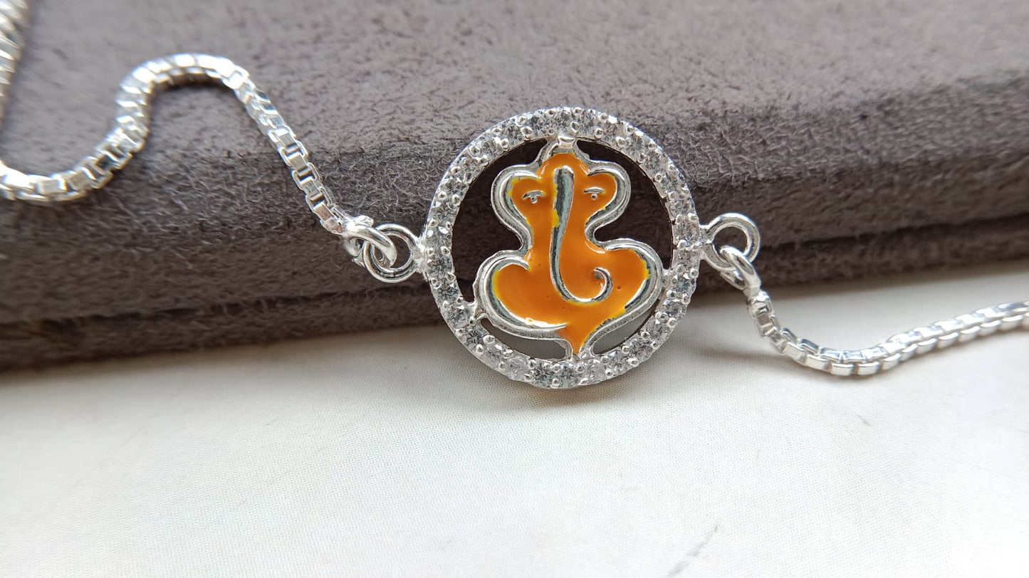 Silver Lord Ganpati Bracelet Rakhi with Adjustable Chain